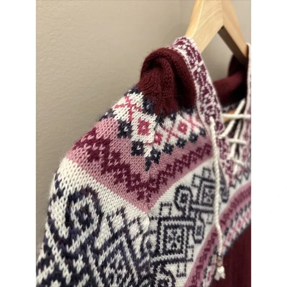 Artesania Hooded Pullover Fair Isle Sweater Lace Up Alpaca Women's Size L Peru - Picture 6 of 15